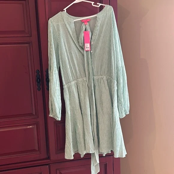 Lilly Pulitzer Mini Dress 16 Carla Striped Green White Seersucker Long Sleeves - Picture 3 of 3